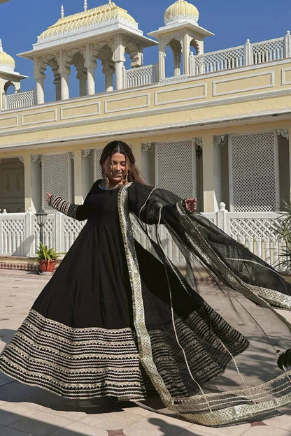 Kavya Black Rayon Kali Cut Anarkali Suit Set