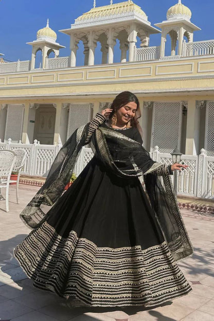 Kavya Black Rayon Kali Cut Anarkali Suit Set
