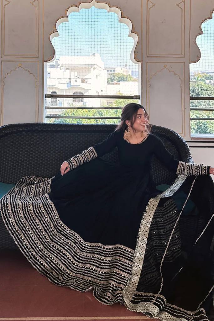 Kavya Black Rayon Kali Cut Anarkali Suit Set