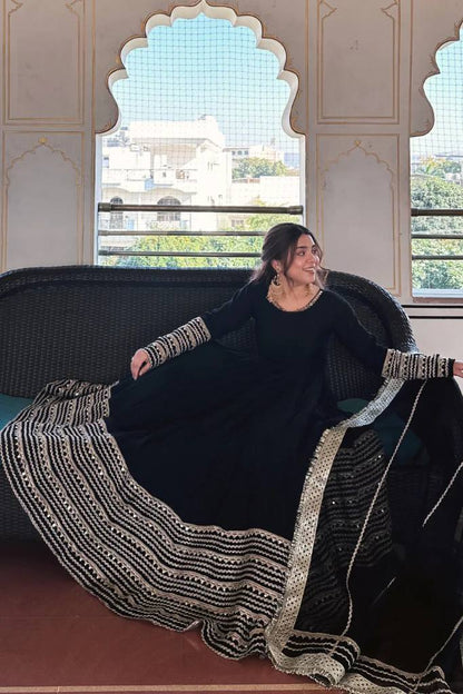 Kavya Black Rayon Kali Cut Anarkali Suit Set