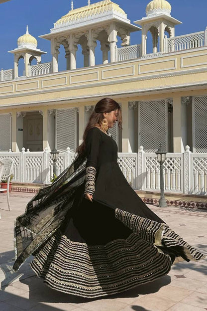 Kavya Black Rayon Kali Cut Anarkali Suit Set