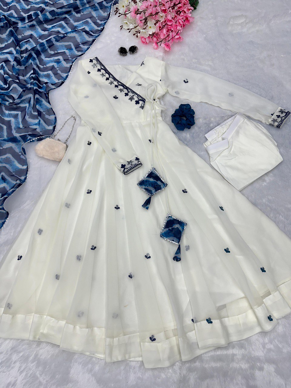 White Pari Embroidery work butta Anarkali suit