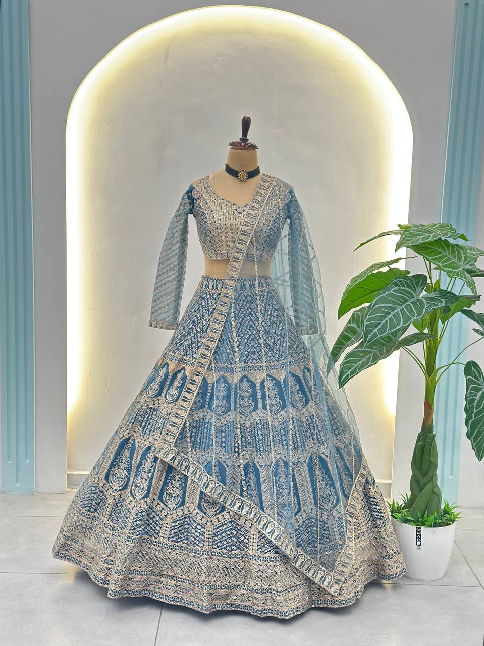 Yuvnika Sky Blue Butterfly Net Lehenga Choli
