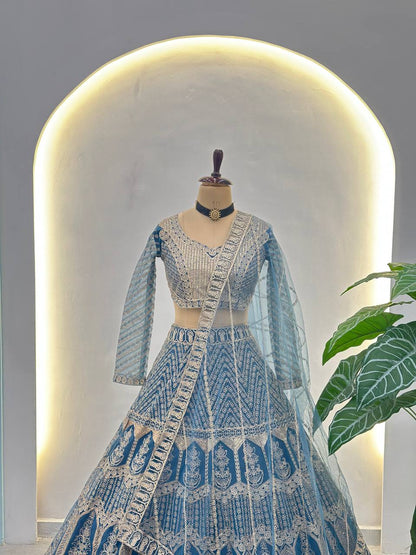 Yuvnika Sky Blue Butterfly Net Lehenga Choli