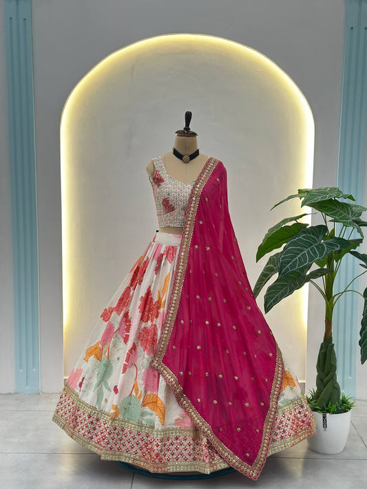 Eshmira Floral Chinon Silk Lehenga Choli with Pink Dupatta