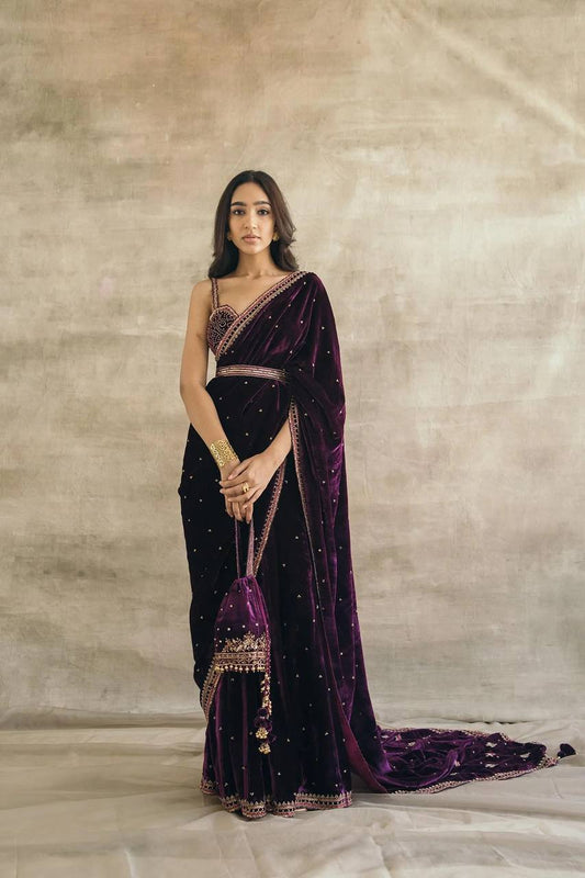 Wine Premium Velvet Saree Set