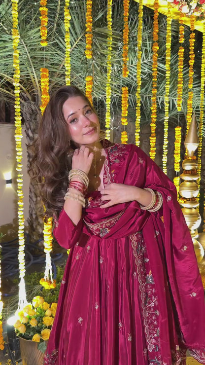 Kritisha Maroon Crunchy Silk Anarkali Palazzo Set