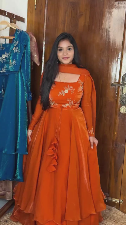 Ira Orange Heavy Fandy Satin Peplum Lehenga Set