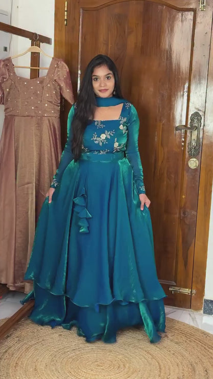 Rama Designer Fandy Satin Lehenga Peplum Set with Embroidery & Sequins