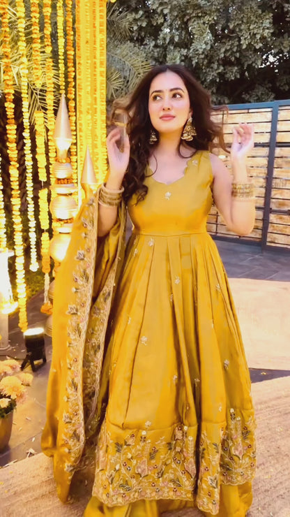 Pranavi Yellow Crunchy Silk Anarkali Palazzo Set