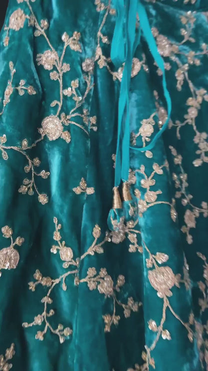 Naayara Teal Velvet Embroidery & Sequins Bridal Lehenga Choli