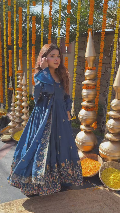 Vanshika Blue Crunchy Silk Anarkali Palazzo Set
