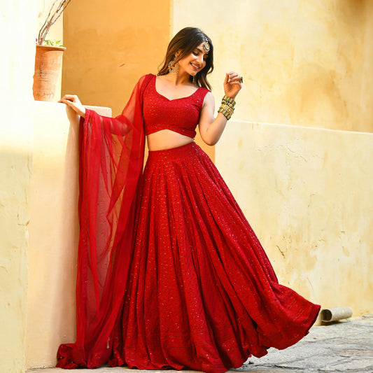 Vyomika Red Georgette Embroidered Lehenga Choli with Net Dupatta