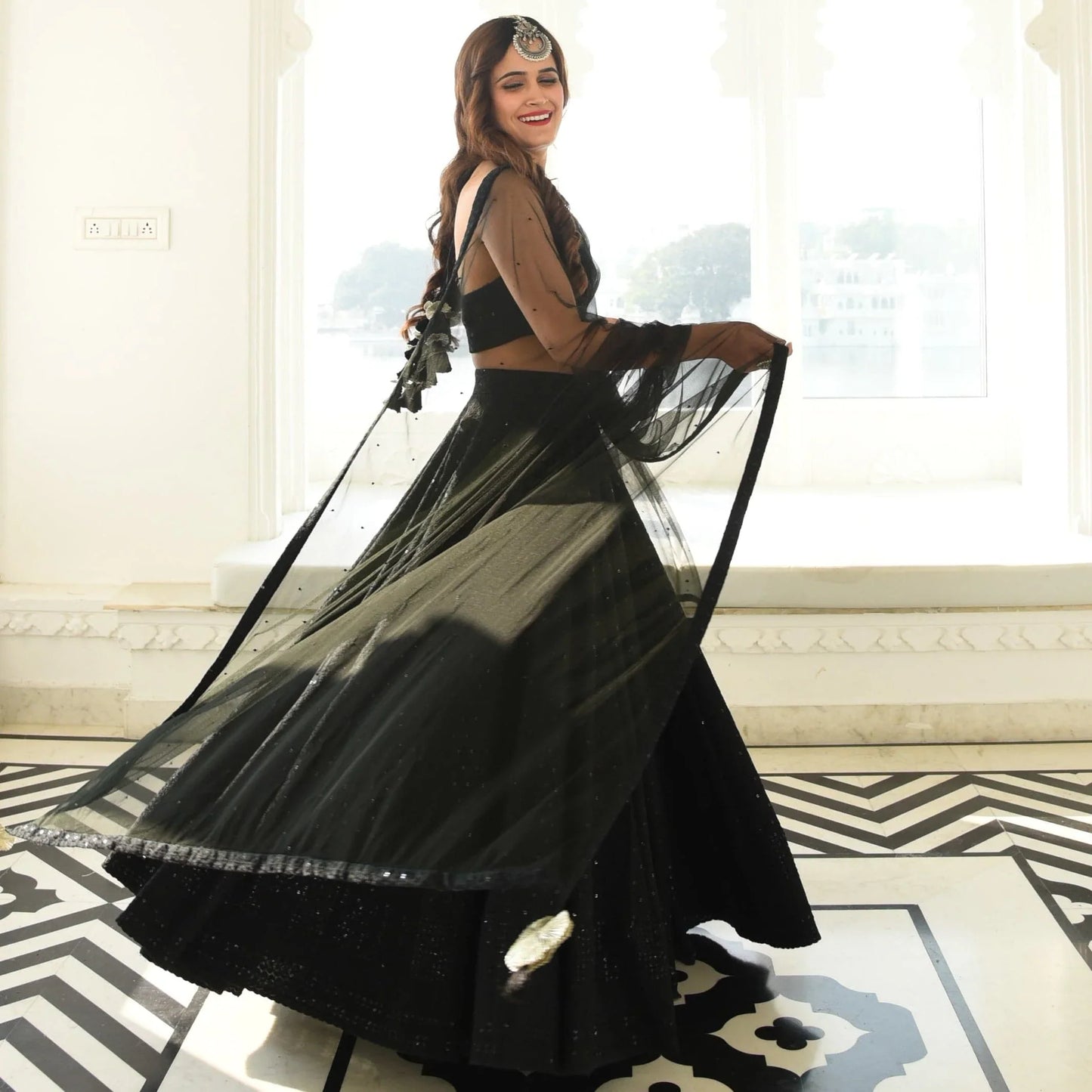 Zyairika Black Georgette Embroidered Lehenga Choli with Net Dupatta