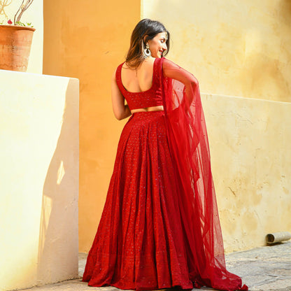 Vyomika Red Georgette Embroidered Lehenga Choli with Net Dupatta