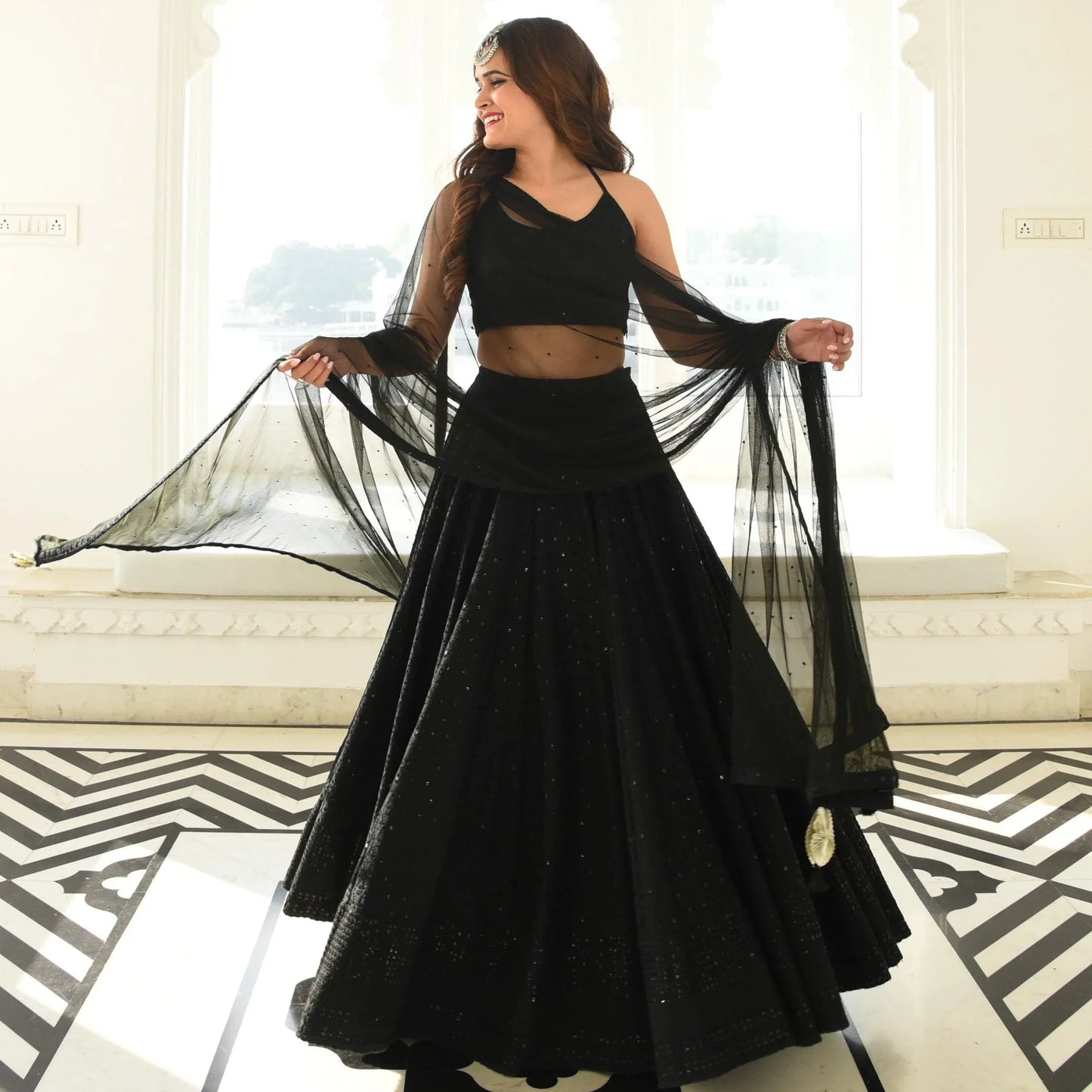 Zyairika Black Georgette Embroidered Lehenga Choli with Net Dupatta