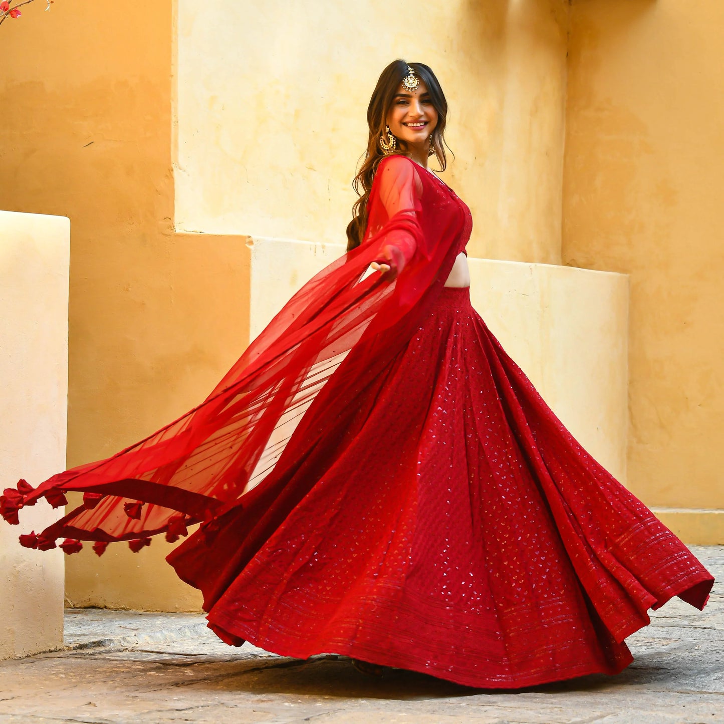 Vyomika Red Georgette Embroidered Lehenga Choli with Net Dupatta