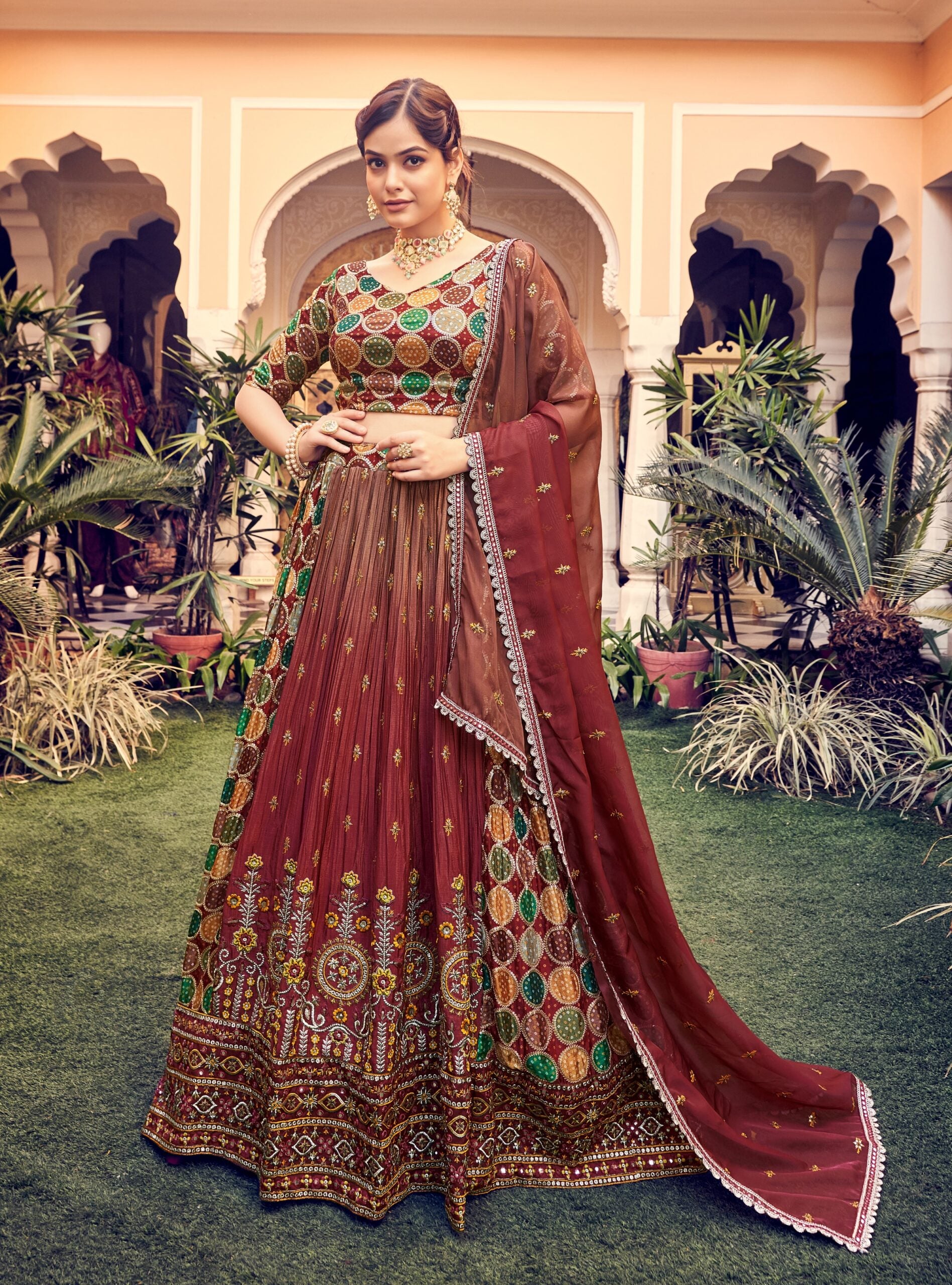 Rich Mahogany Threadwork Tapestry Lehenga Choli