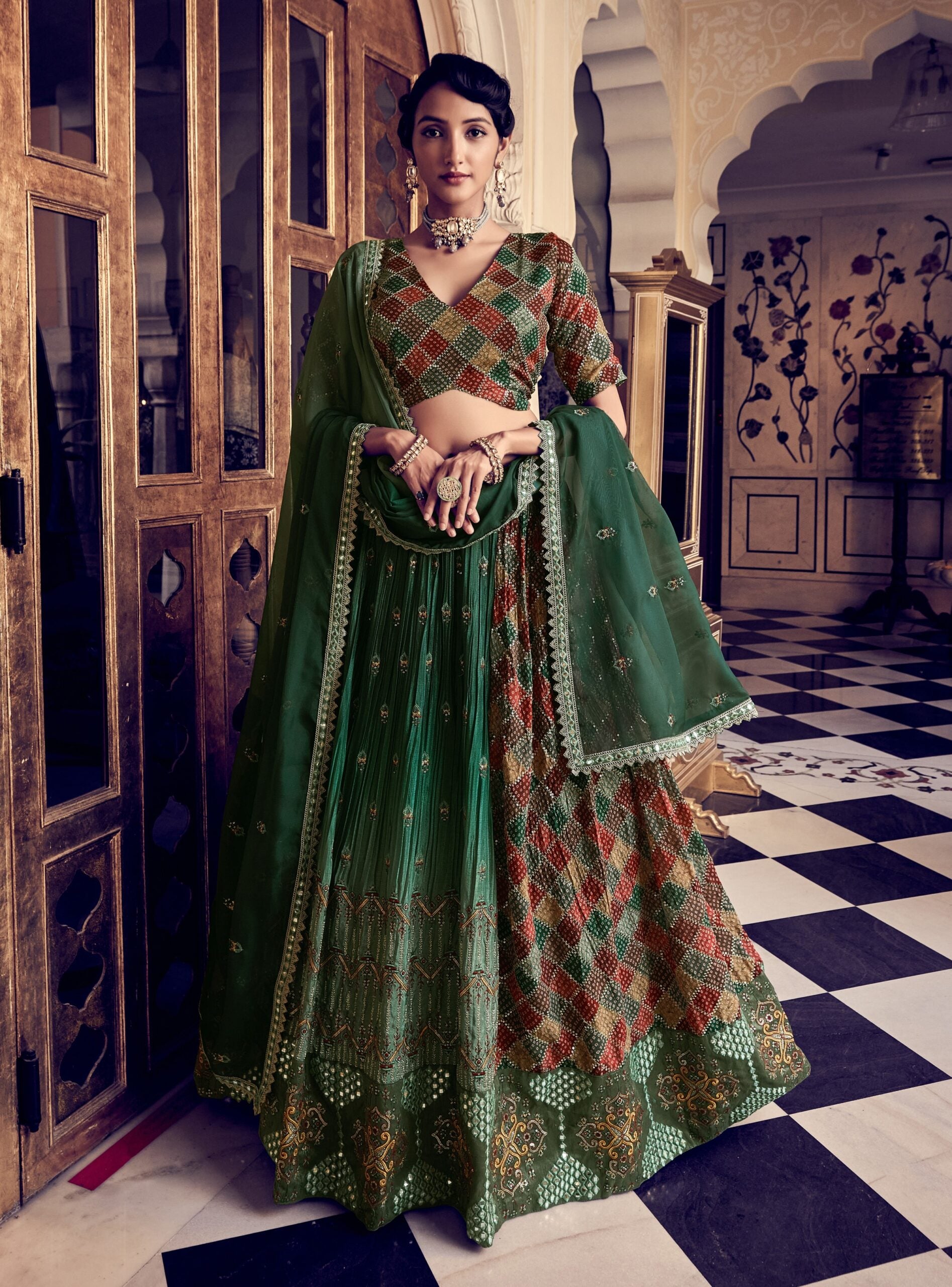 Radiant Rama Green Silk Trellis Lehenga Choli