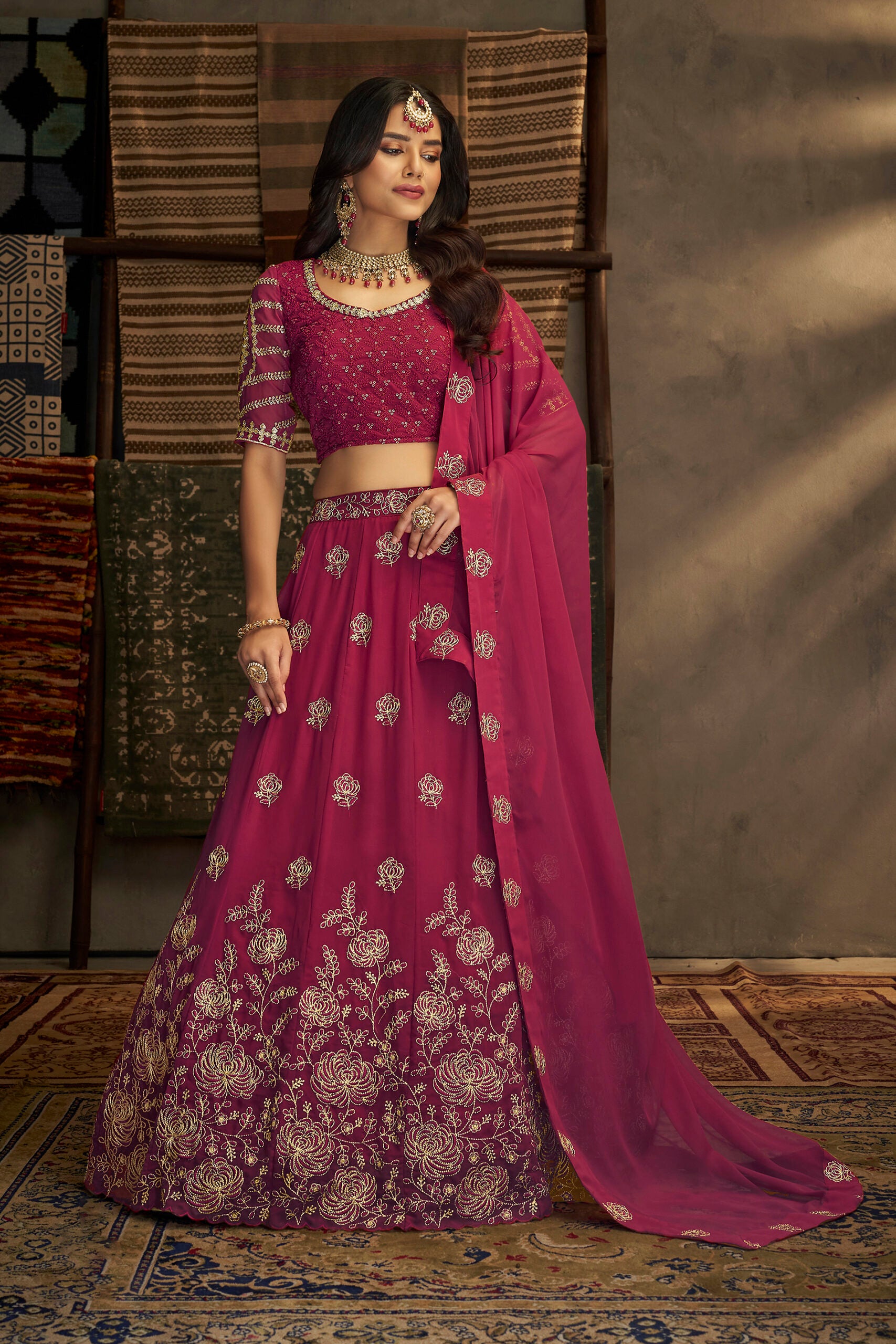 Resham Dori Georgette Gulabi Lehengha Choli