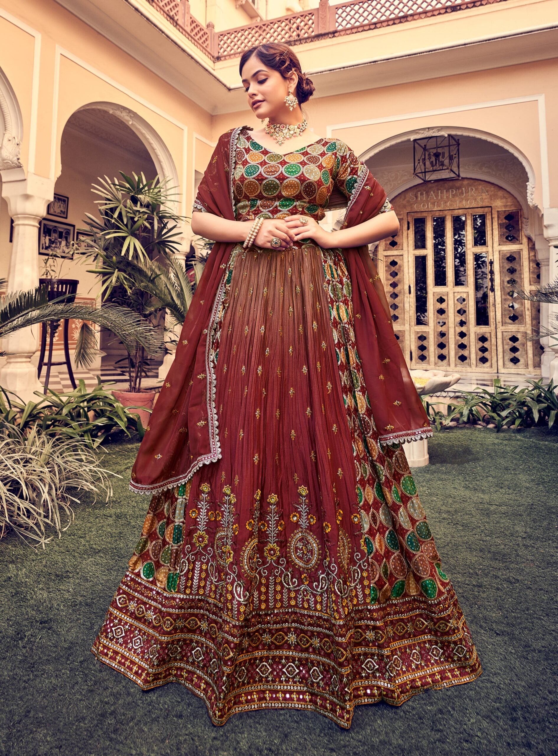 Rich Mahogany Threadwork Tapestry Lehenga Choli
