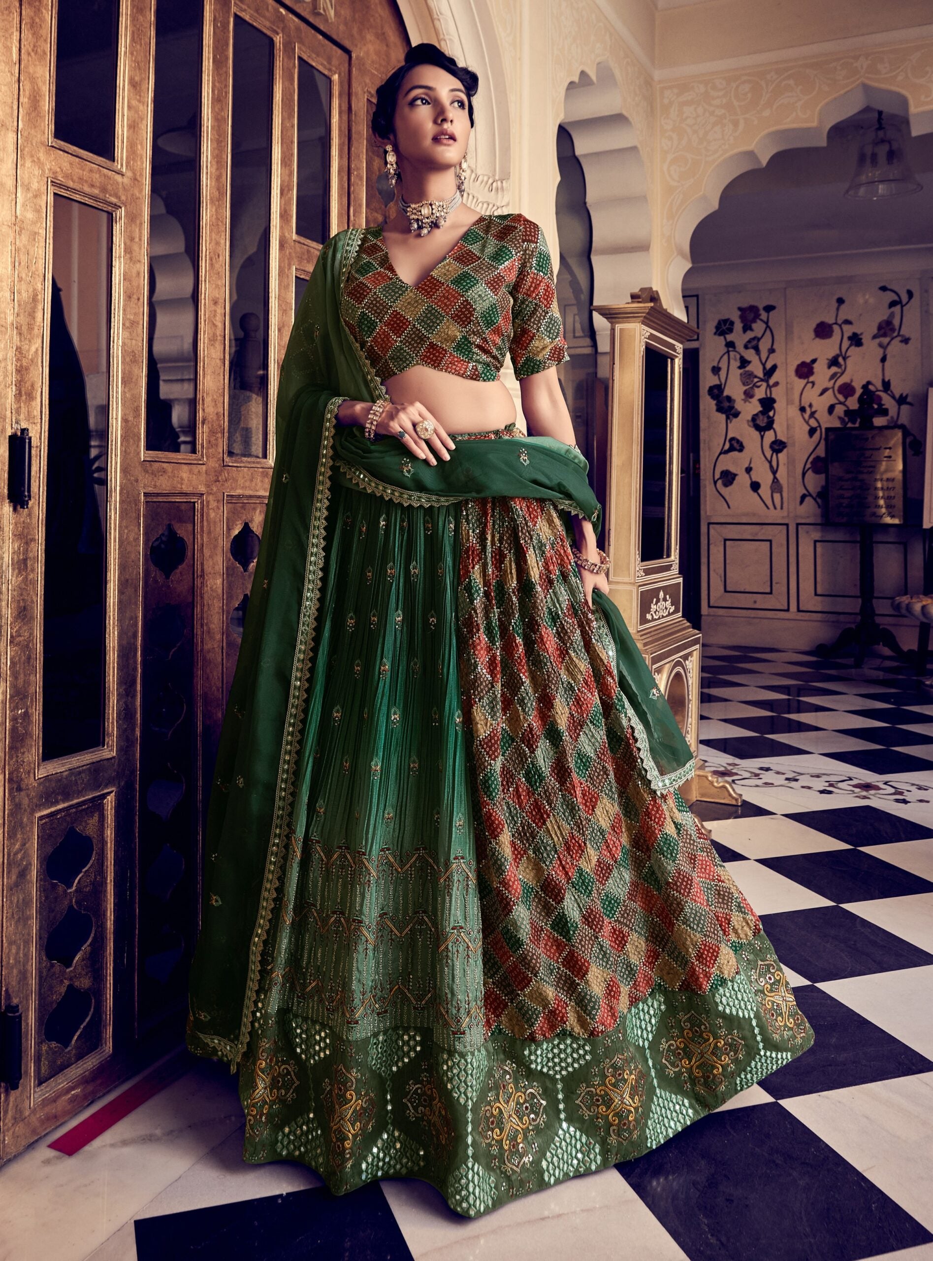 Radiant Rama Green Silk Trellis Lehenga Choli
