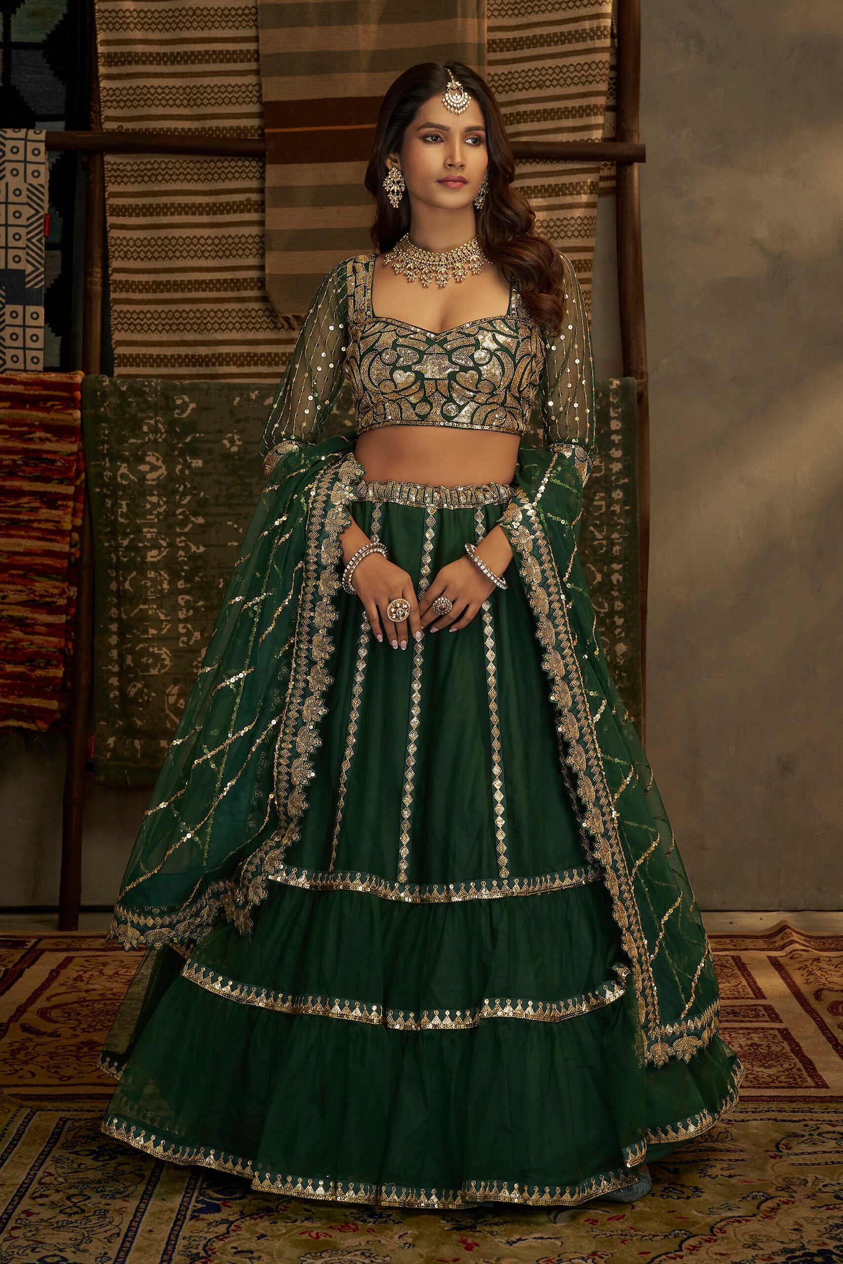 Paramparik Samprakshya Sequins Green Lehengha Choli