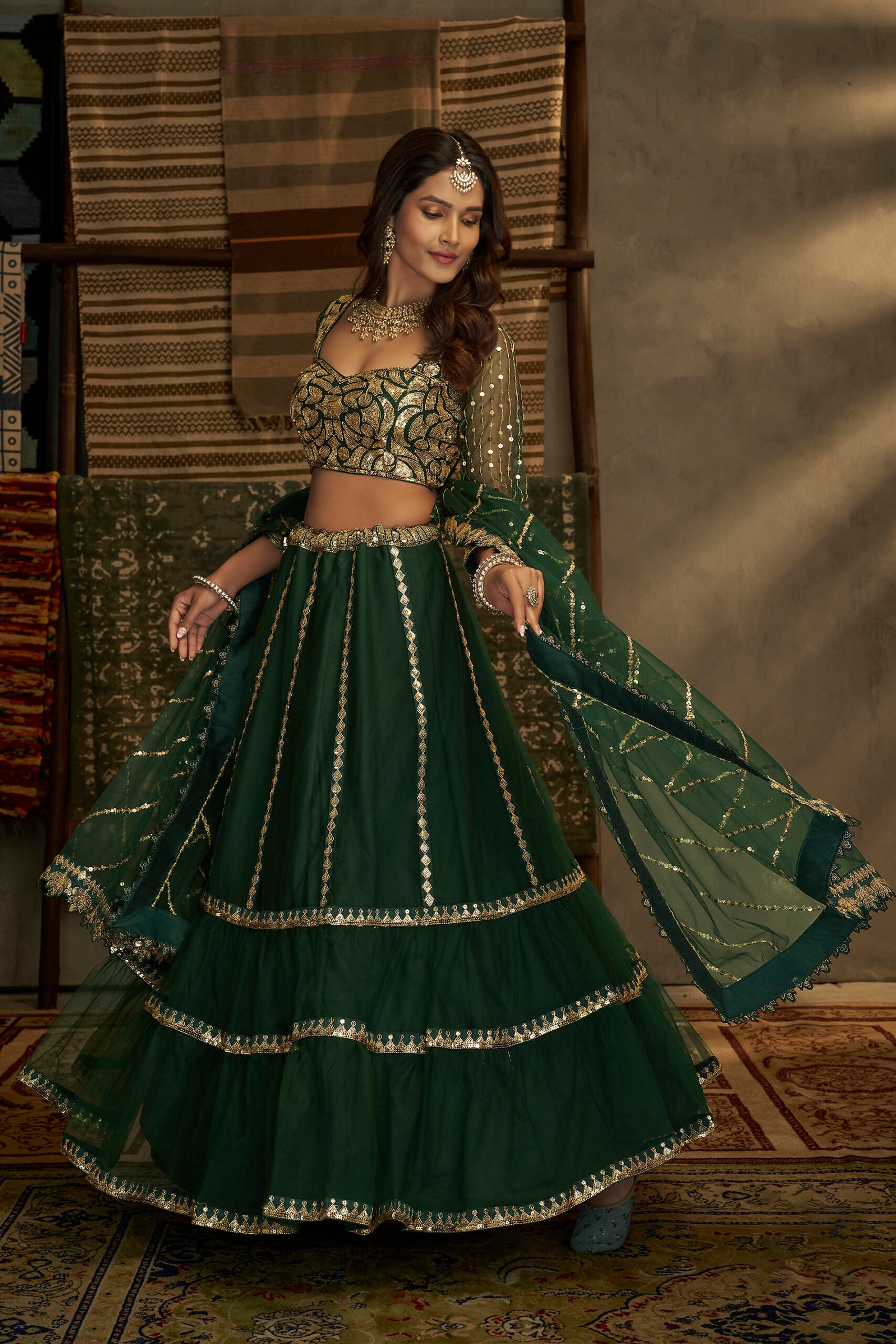 Paramparik Samprakshya Sequins Green Lehengha Choli