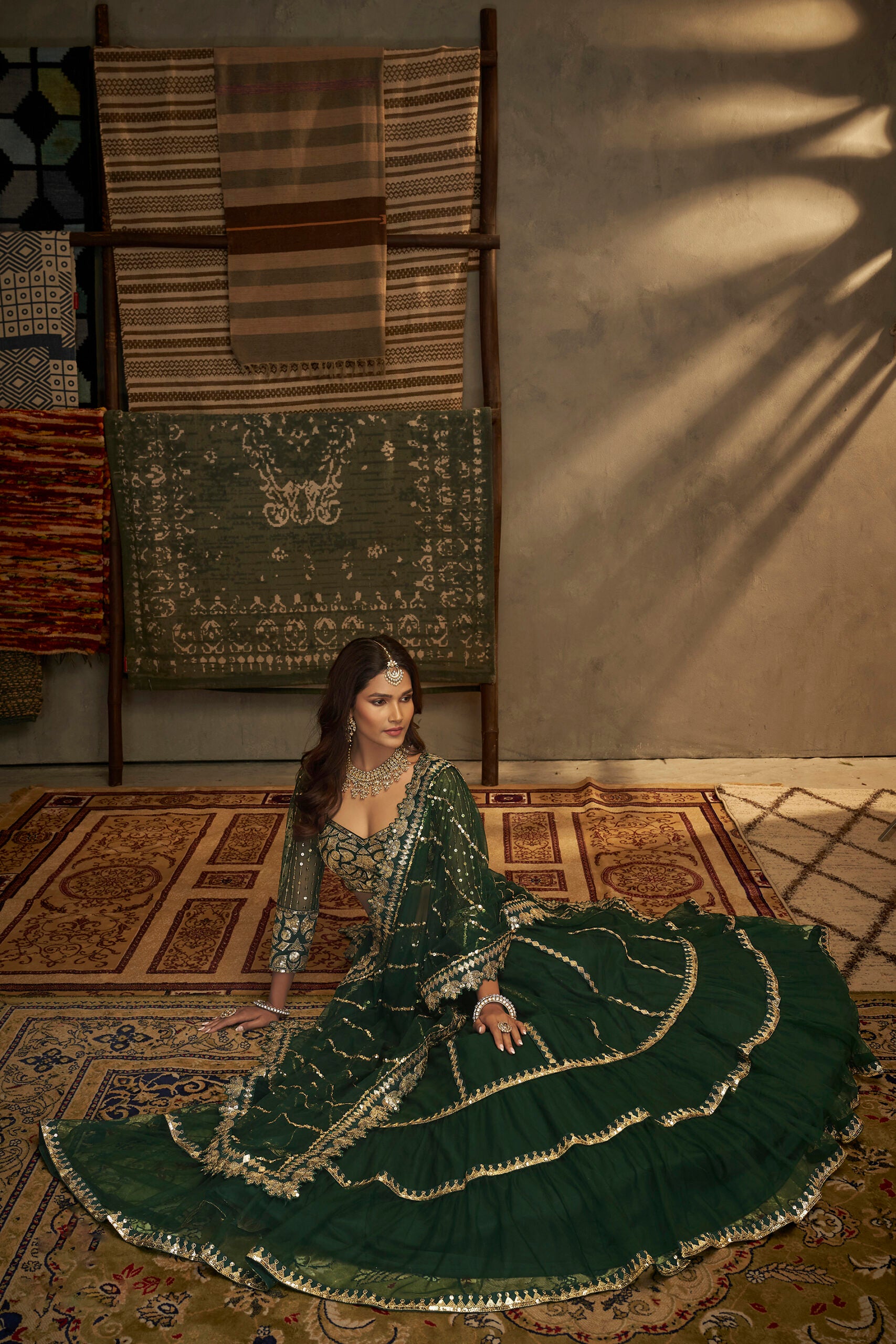 Paramparik Samprakshya Sequins Green Lehengha Choli