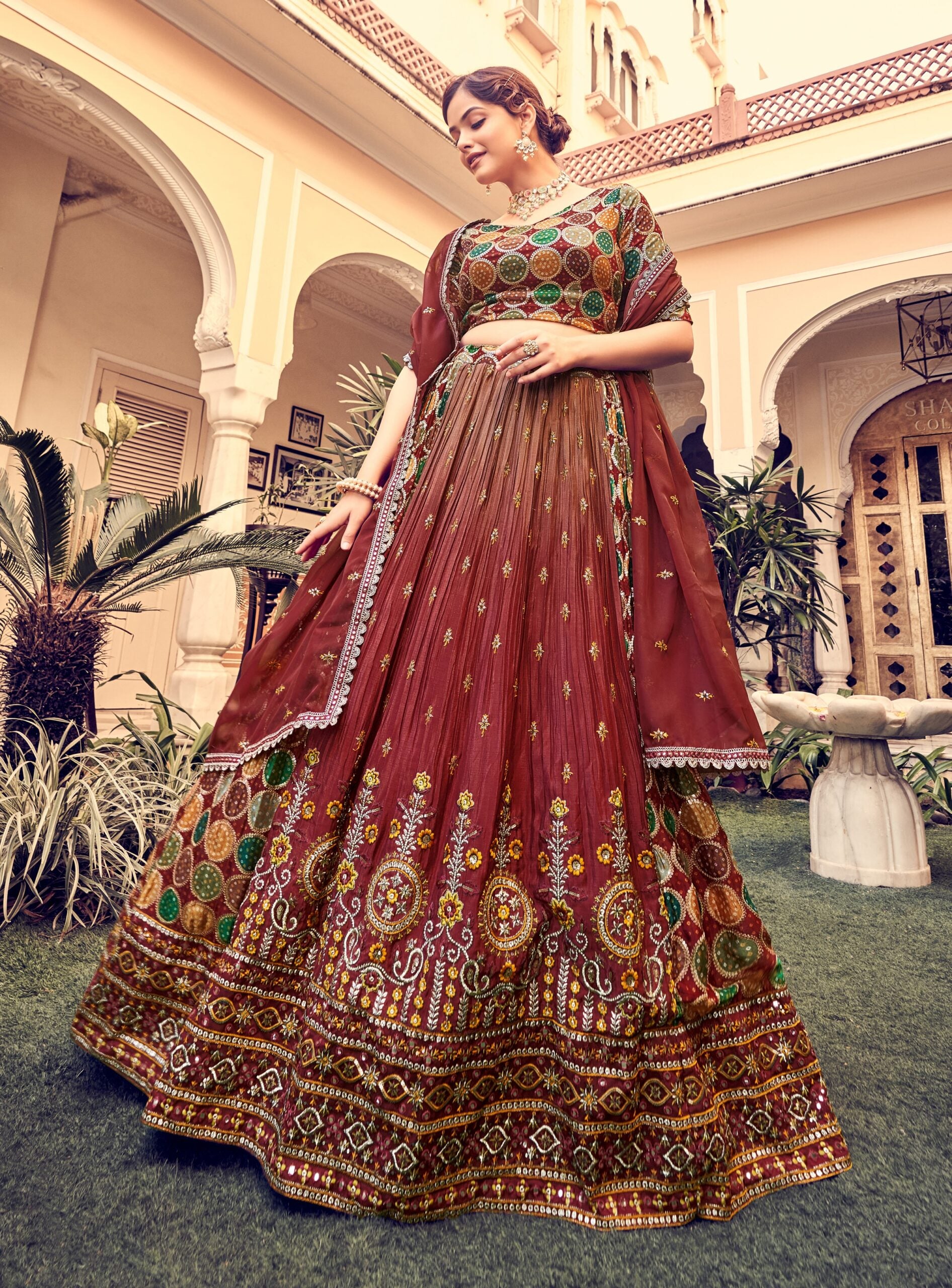 Rich Mahogany Threadwork Tapestry Lehenga Choli
