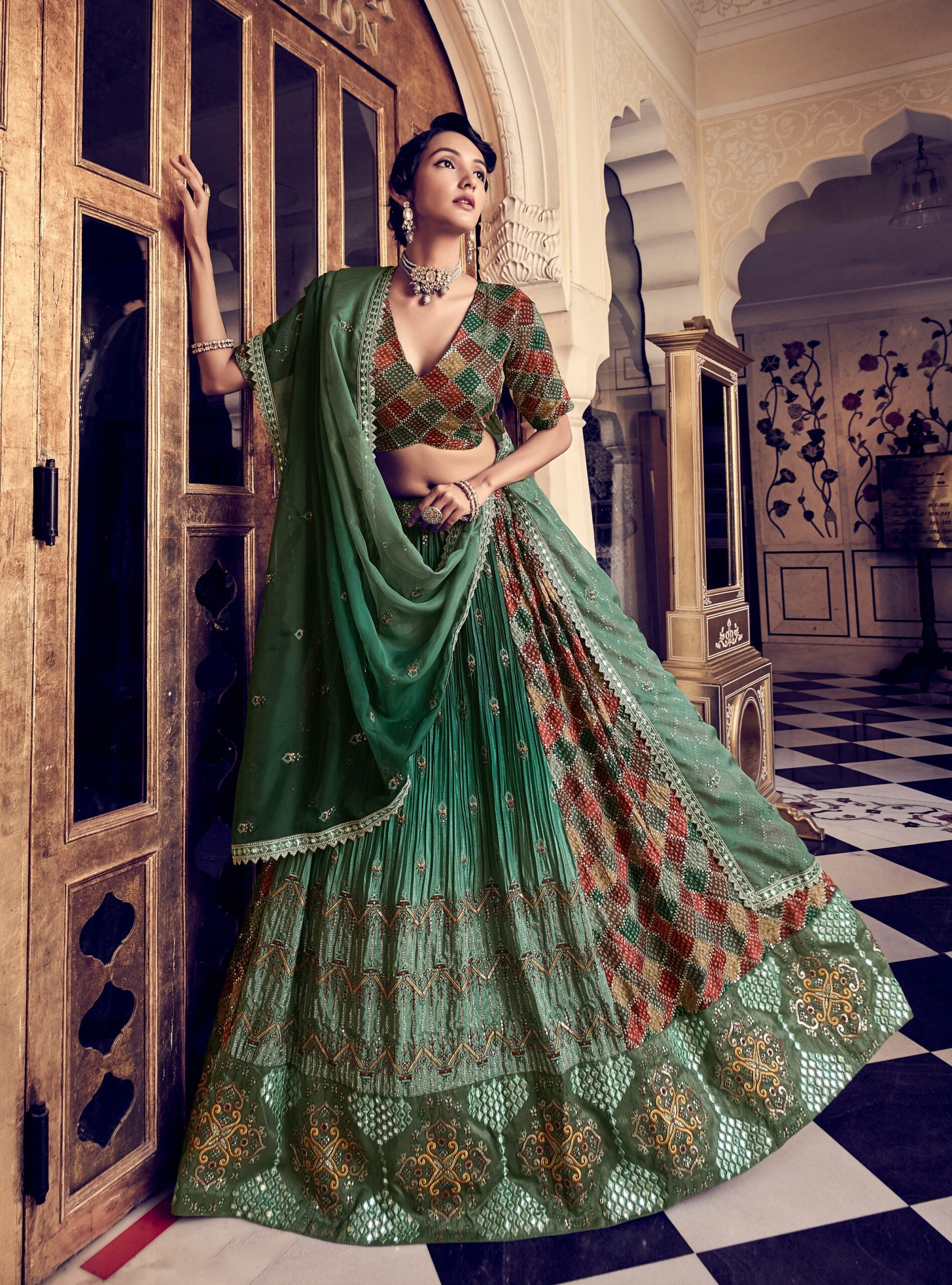 Radiant Rama Green Silk Trellis Lehenga Choli
