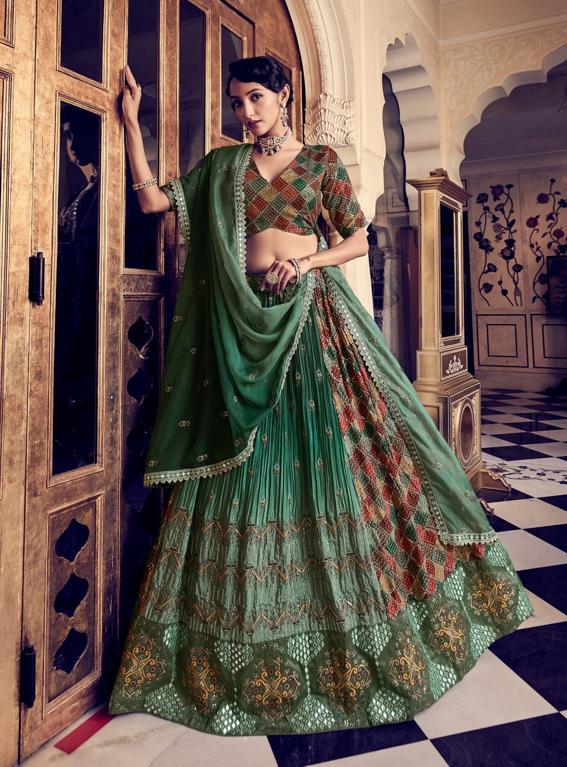 Radiant Rama Green Silk Trellis Lehenga Choli