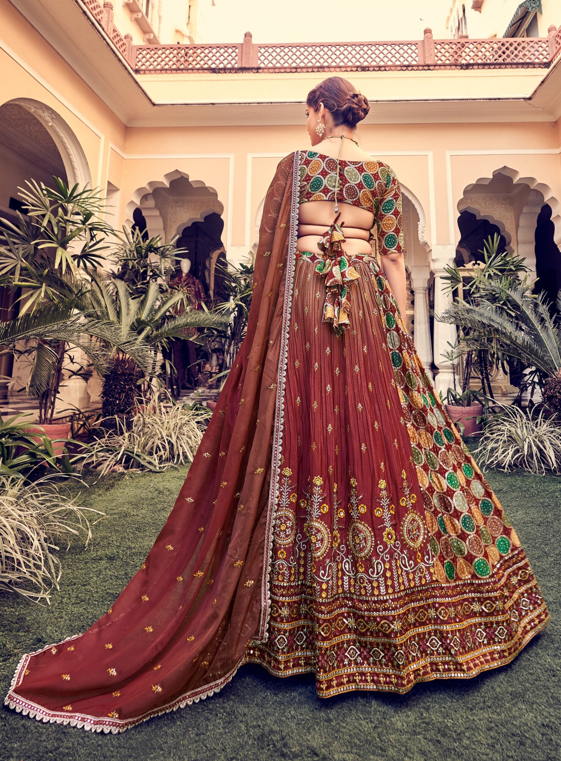 Rich Mahogany Threadwork Tapestry Lehenga Choli