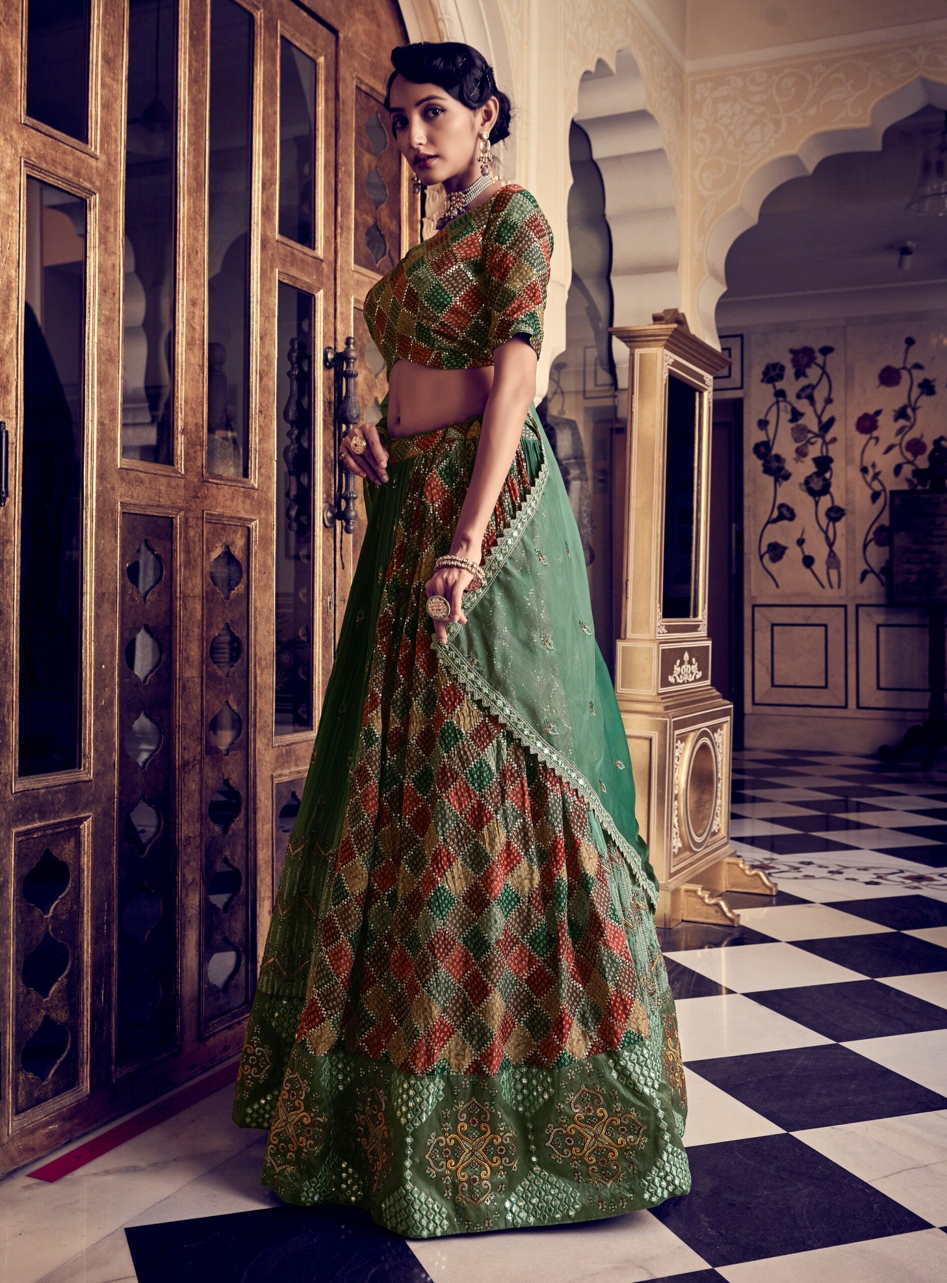 Radiant Rama Green Silk Trellis Lehenga Choli