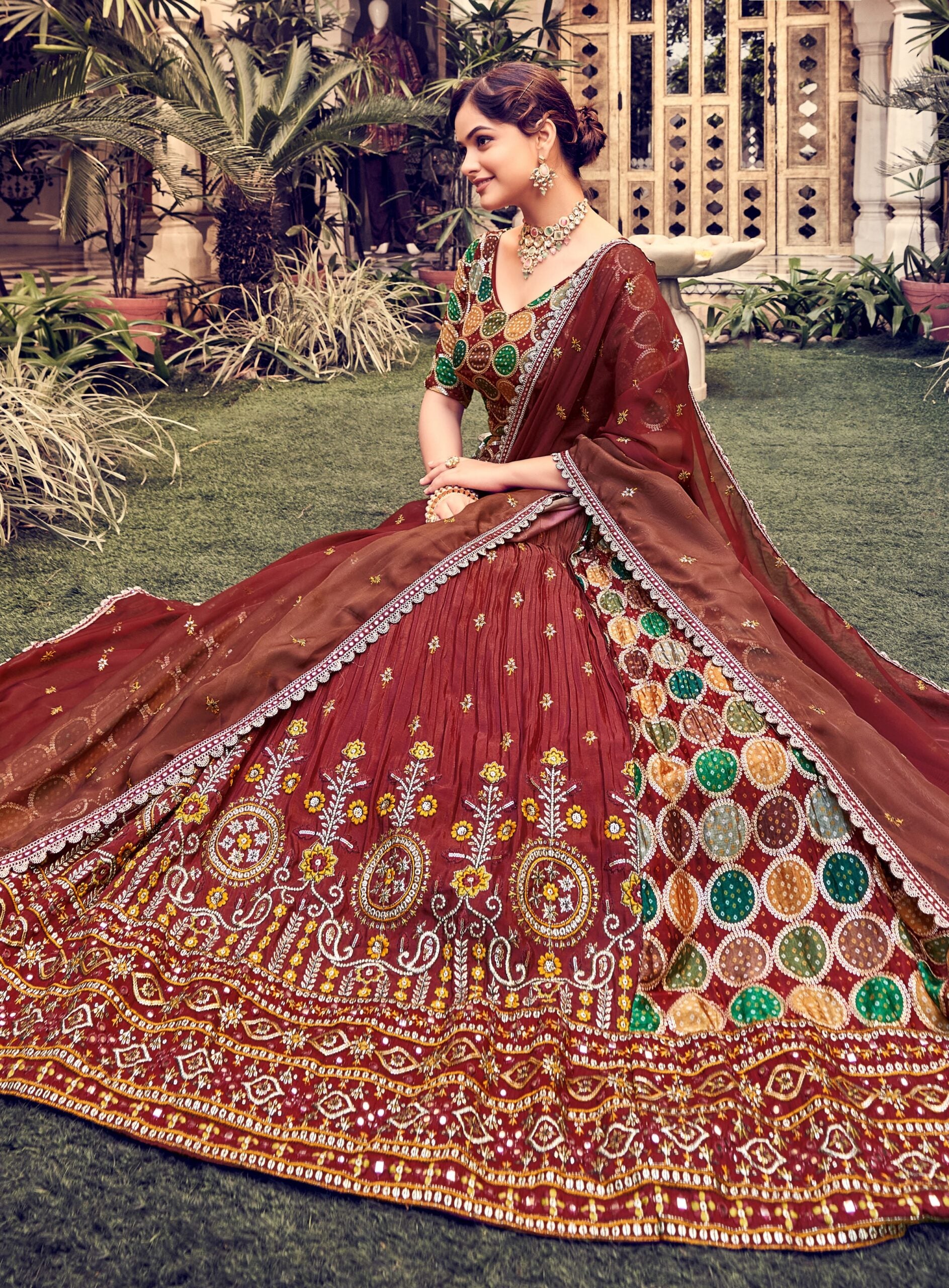 Rich Mahogany Threadwork Tapestry Lehenga Choli
