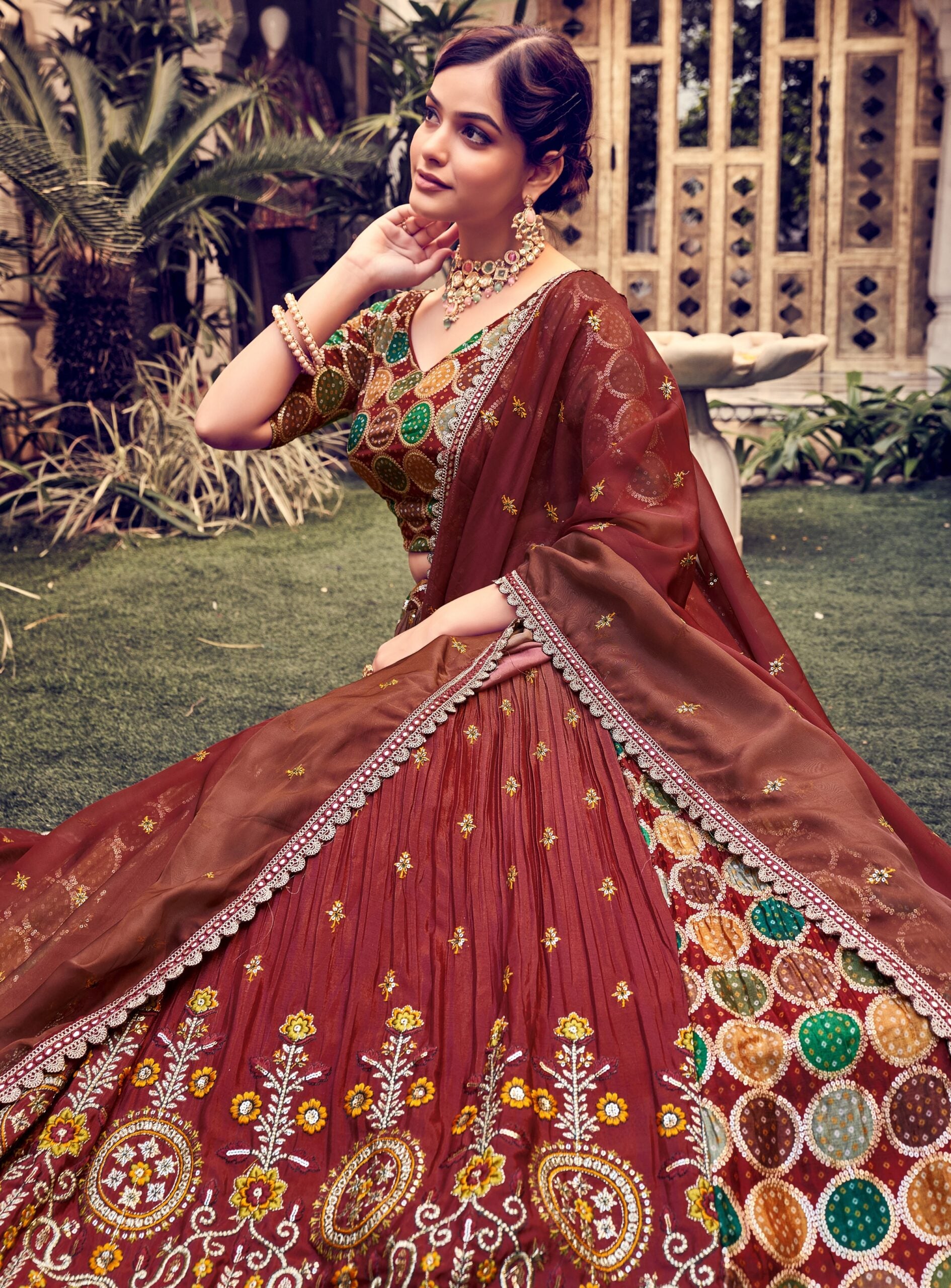 Rich Mahogany Threadwork Tapestry Lehenga Choli