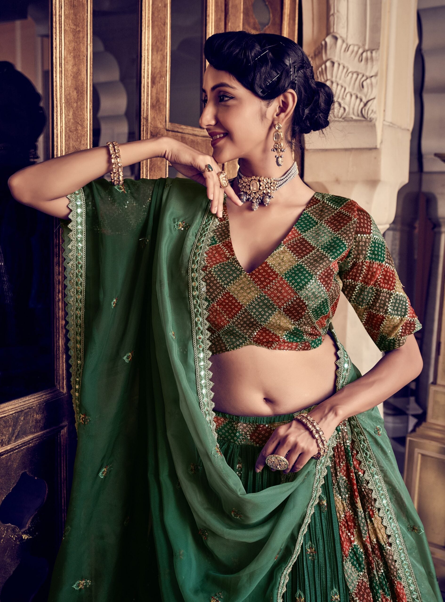 Radiant Rama Green Silk Trellis Lehenga Choli