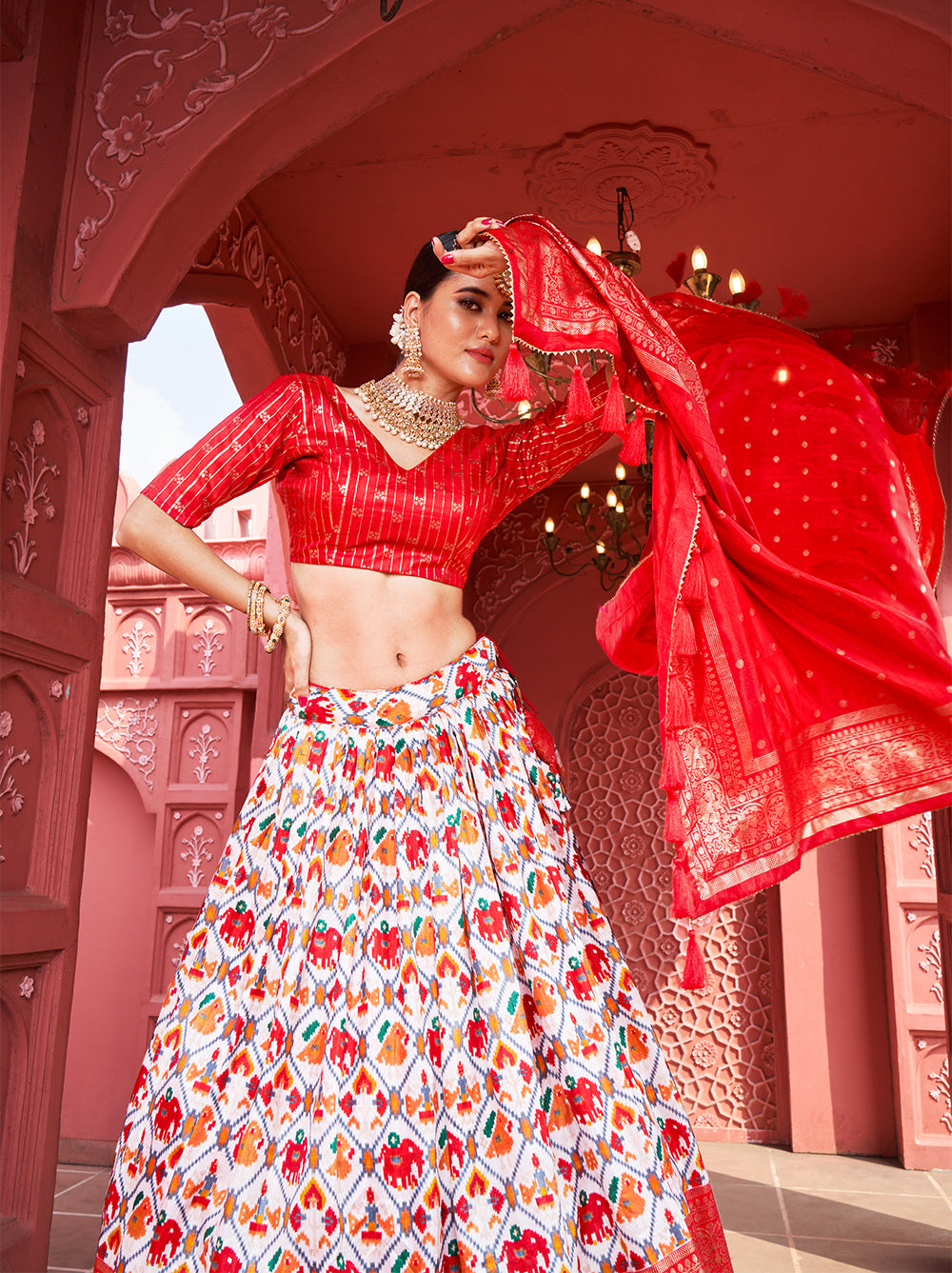 Shringar Shobha Adorned in Red Pure Dola Silk Foil Print Lehenga Choli