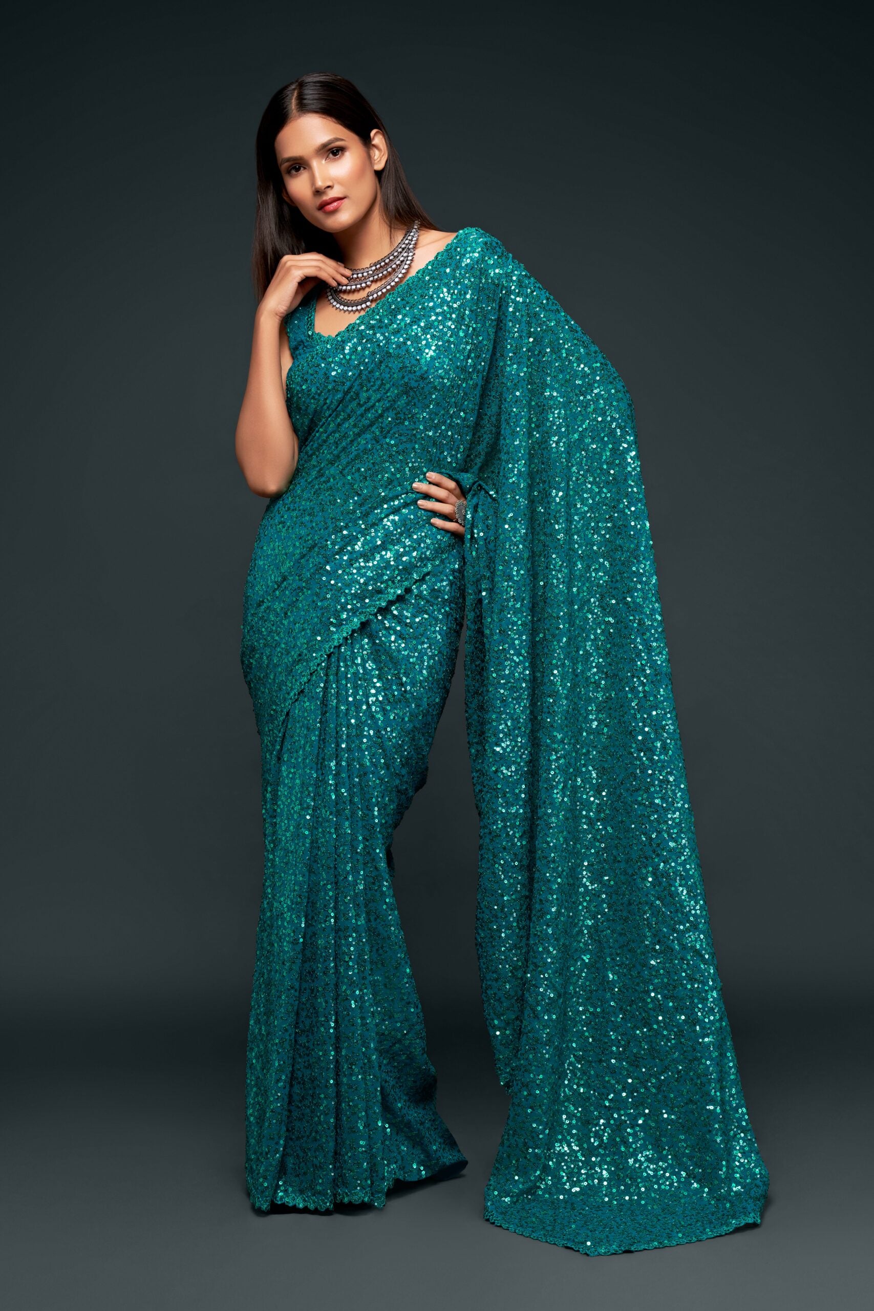 Vibrant Teal Blue Saree with Stunning Thread and Sequin Work