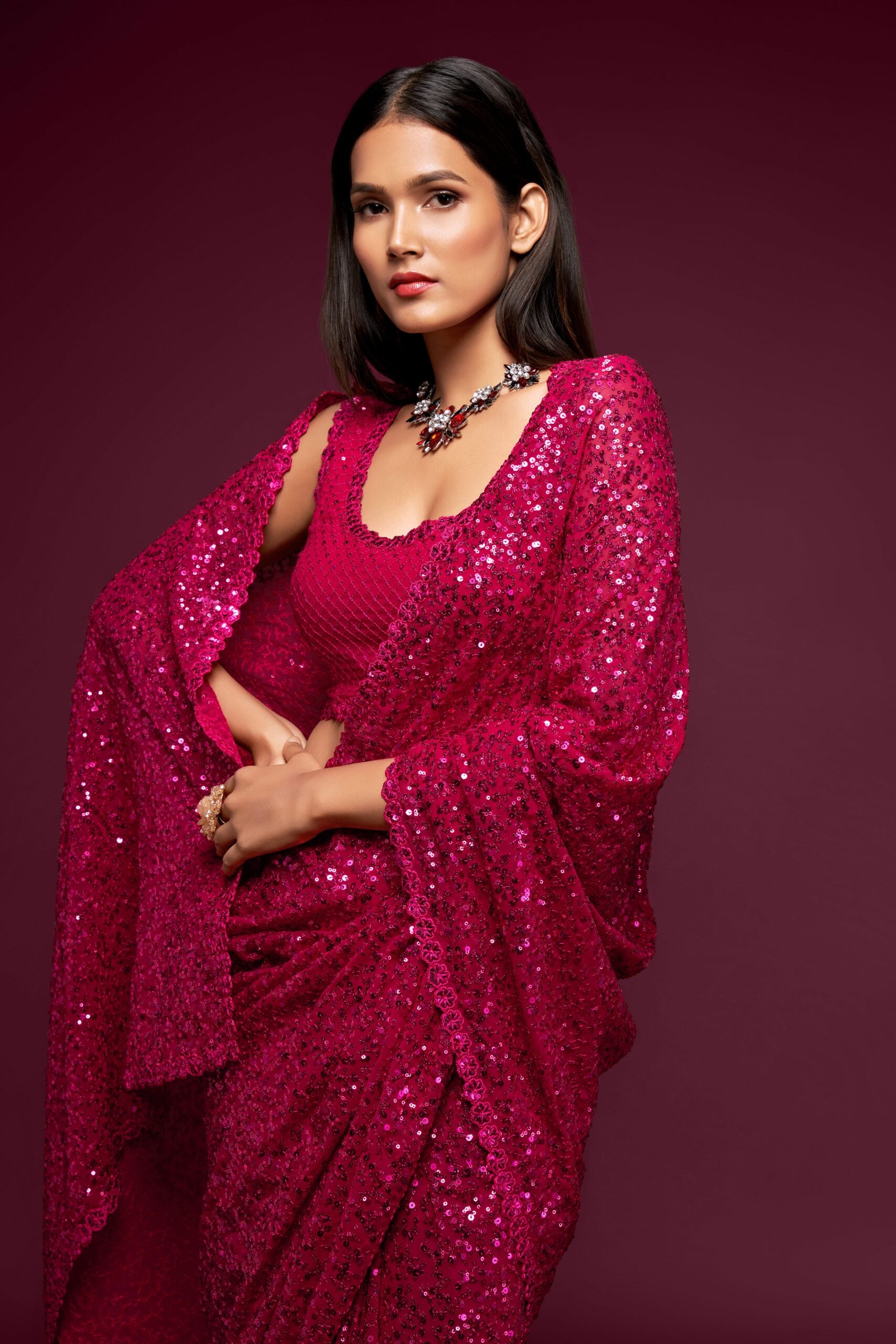 Glamorous Magenta Hot Pink Saree with Intricate Thread Embroidery and All-Over Sequin Embellishments