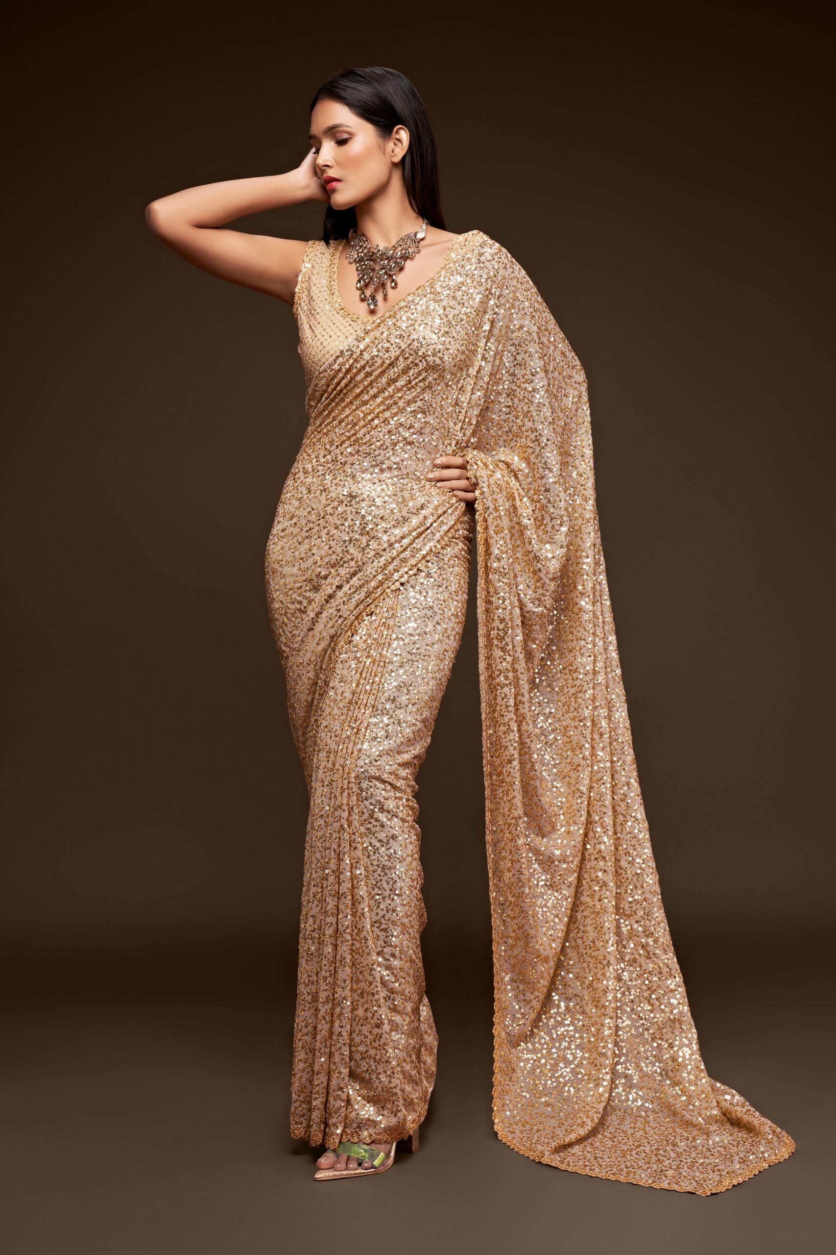 Elegant Ivory Saree with Delicate Threadwork and Sparkling Sequins