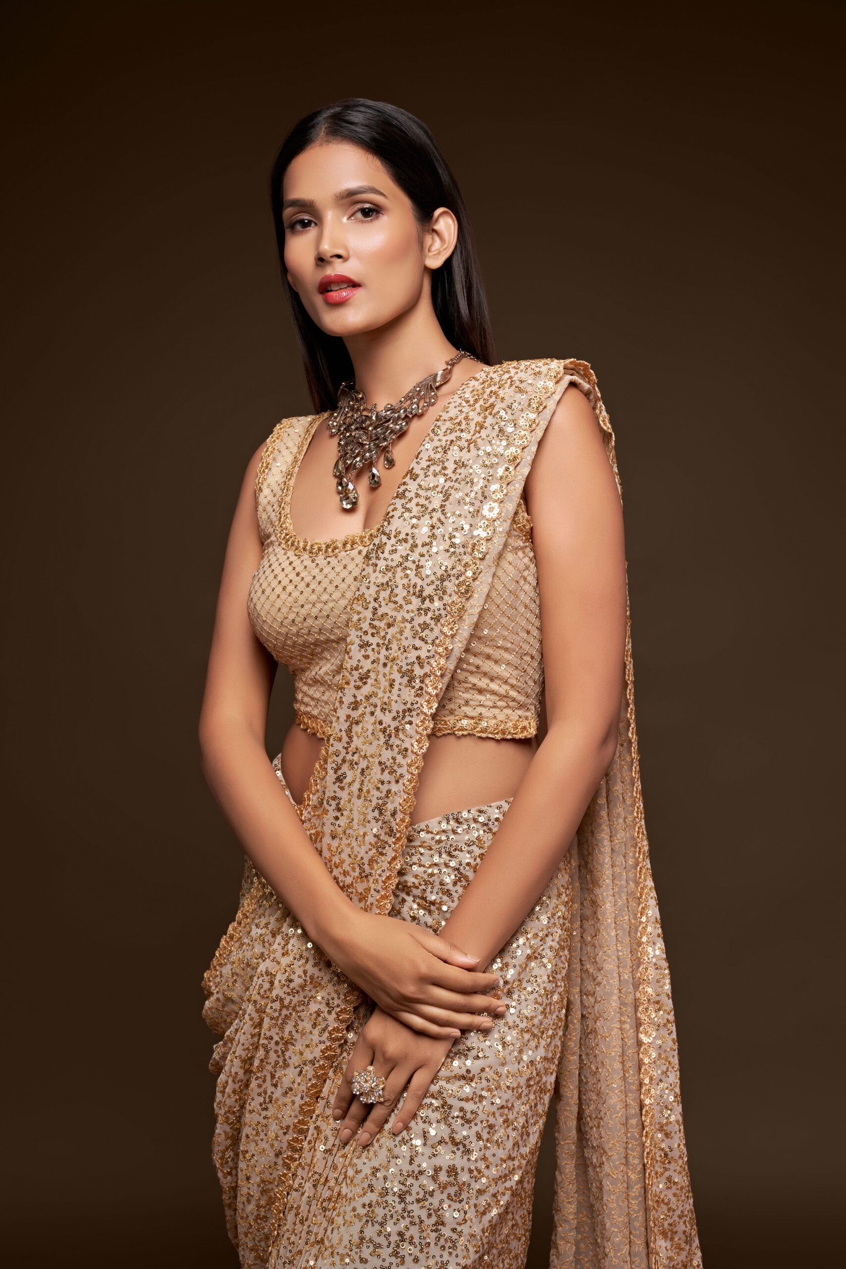 Elegant Ivory Saree with Delicate Threadwork and Sparkling Sequins