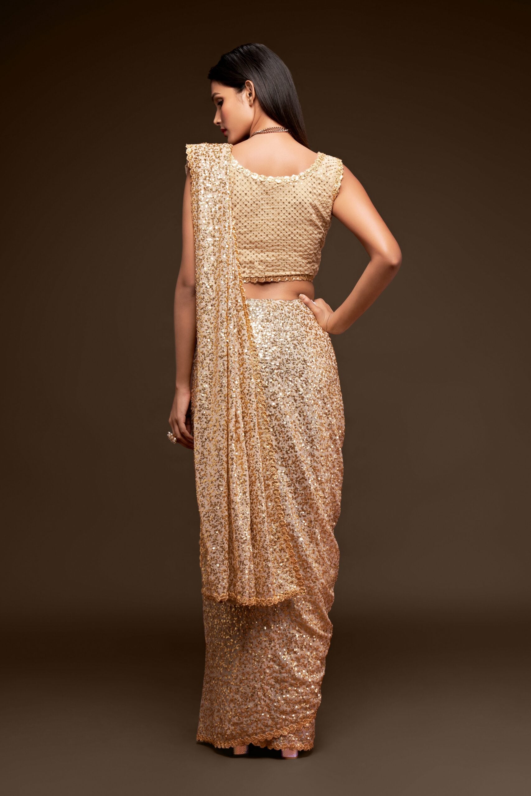 Elegant Ivory Saree with Delicate Threadwork and Sparkling Sequins