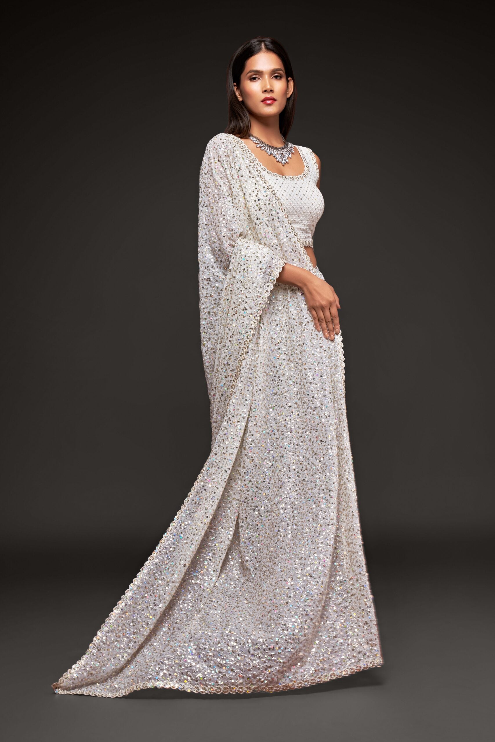 Pearl White Saree with All-Over Thread Embroidery and Shimmering Sequin Highlights