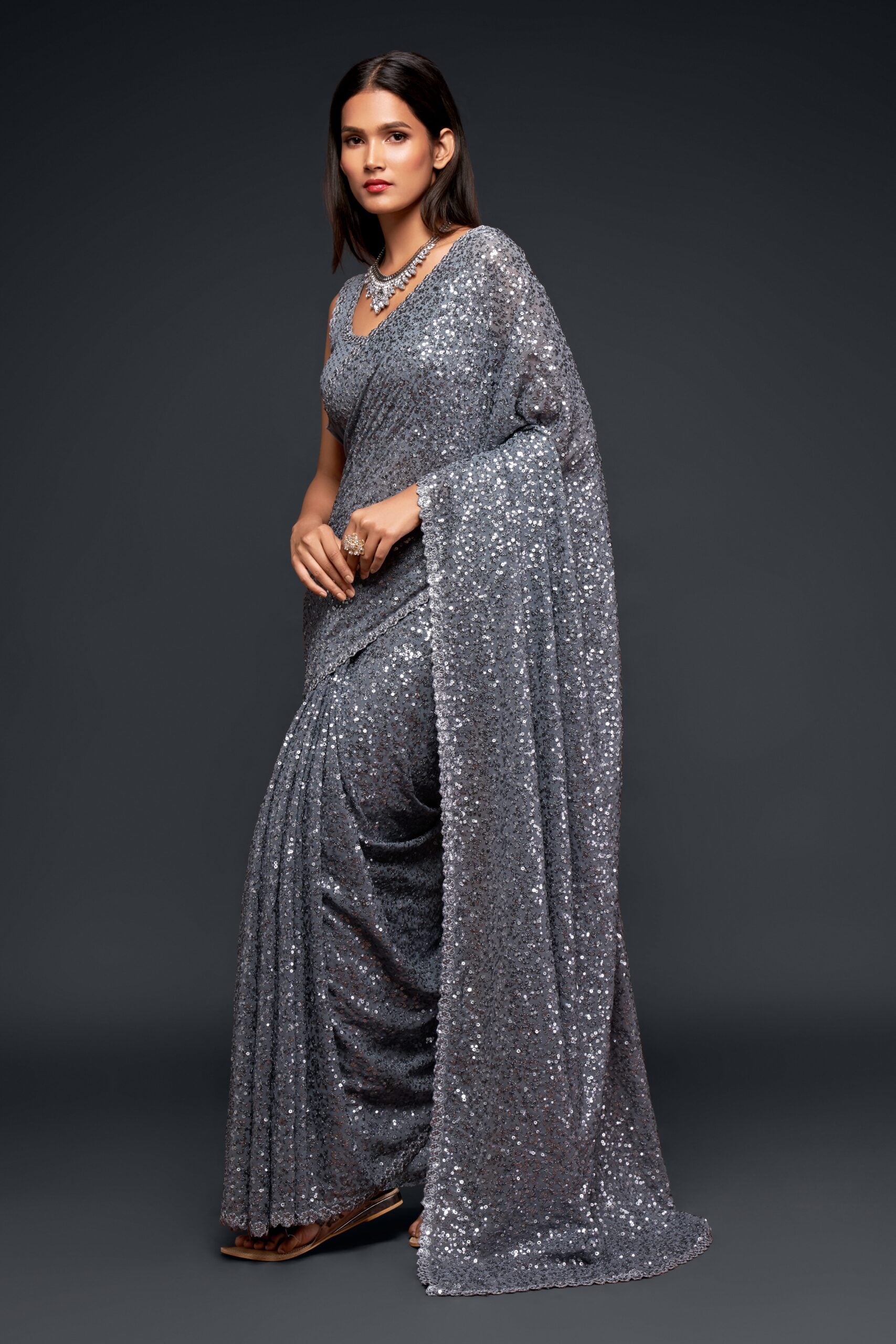 Grey Saree with Delicate Threadwork and Glittering Sequin Accents