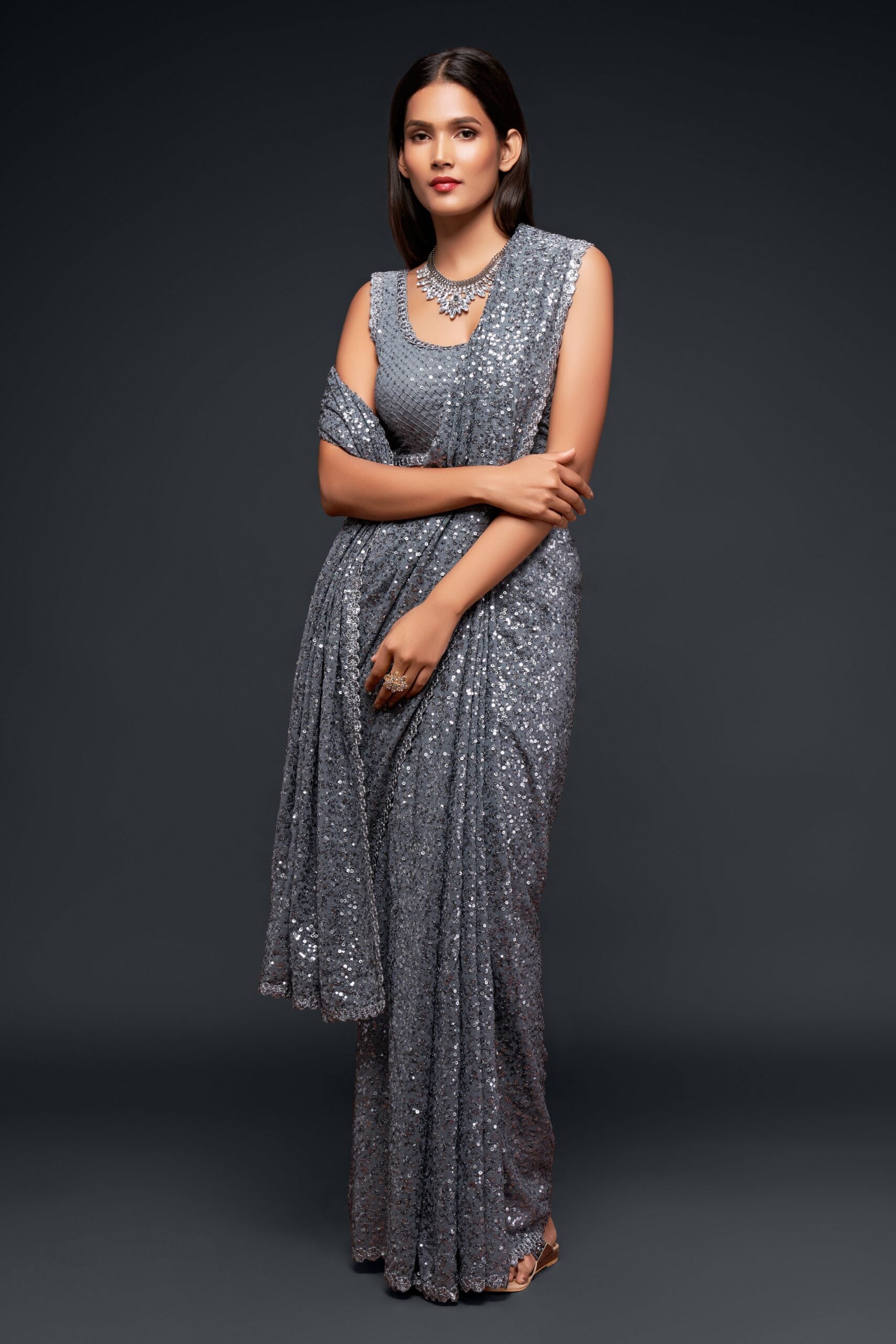 Grey Saree with Delicate Threadwork and Glittering Sequin Accents