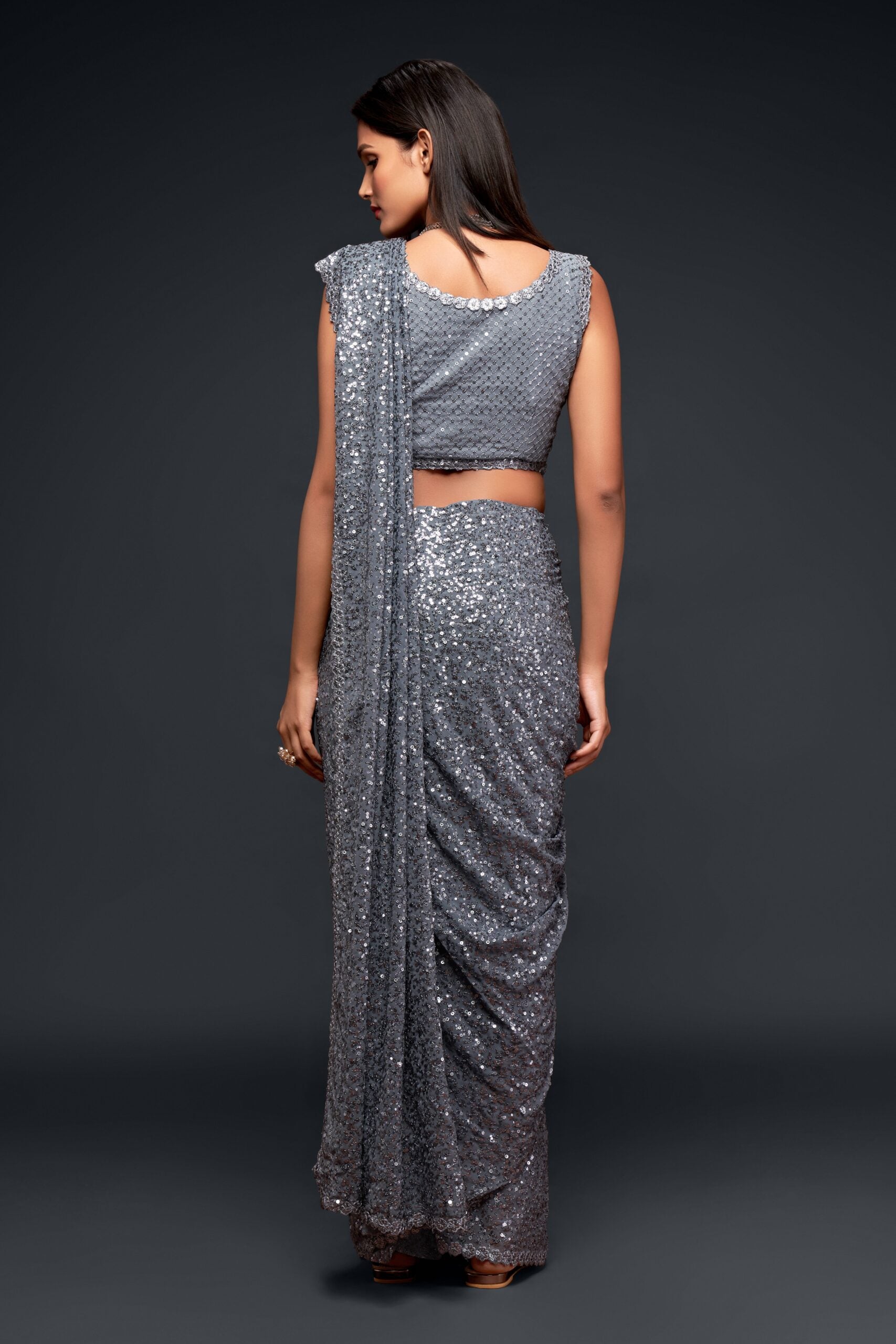 Grey Saree with Delicate Threadwork and Glittering Sequin Accents