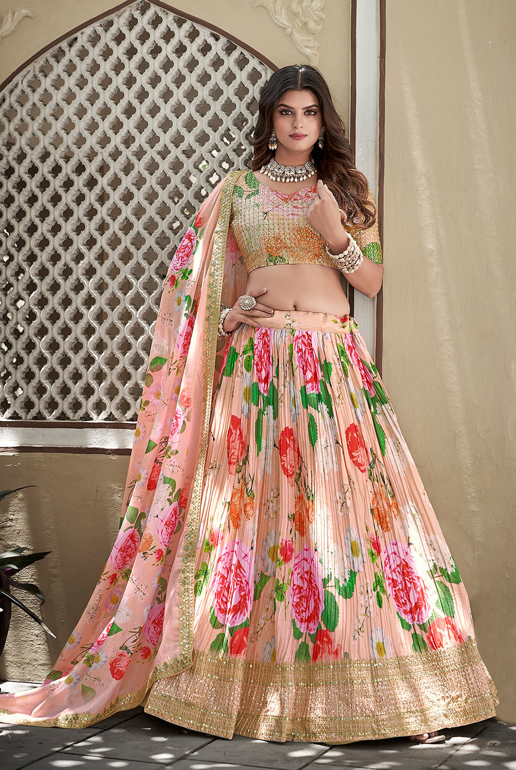 Floral Charm Enchanting Floral Print Peach Lehenga Choli with Therde Sequin Accents
