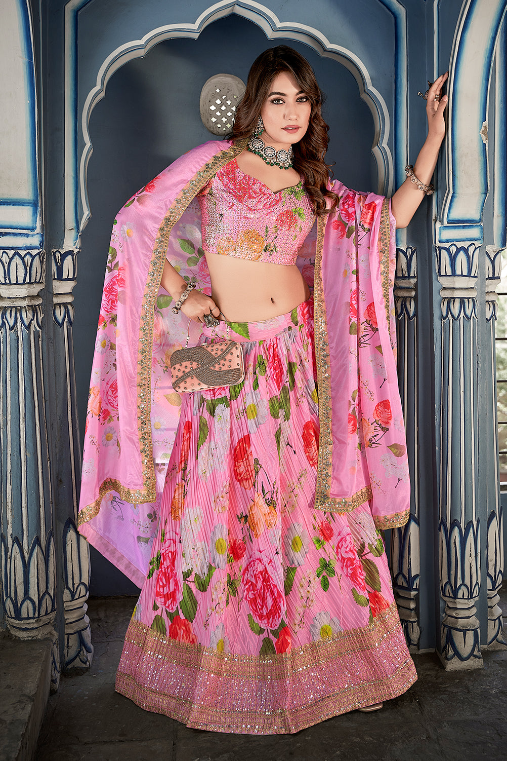 Pretty in Pink Floral Print Pink Lehenga Choli with Therde Sequin Work