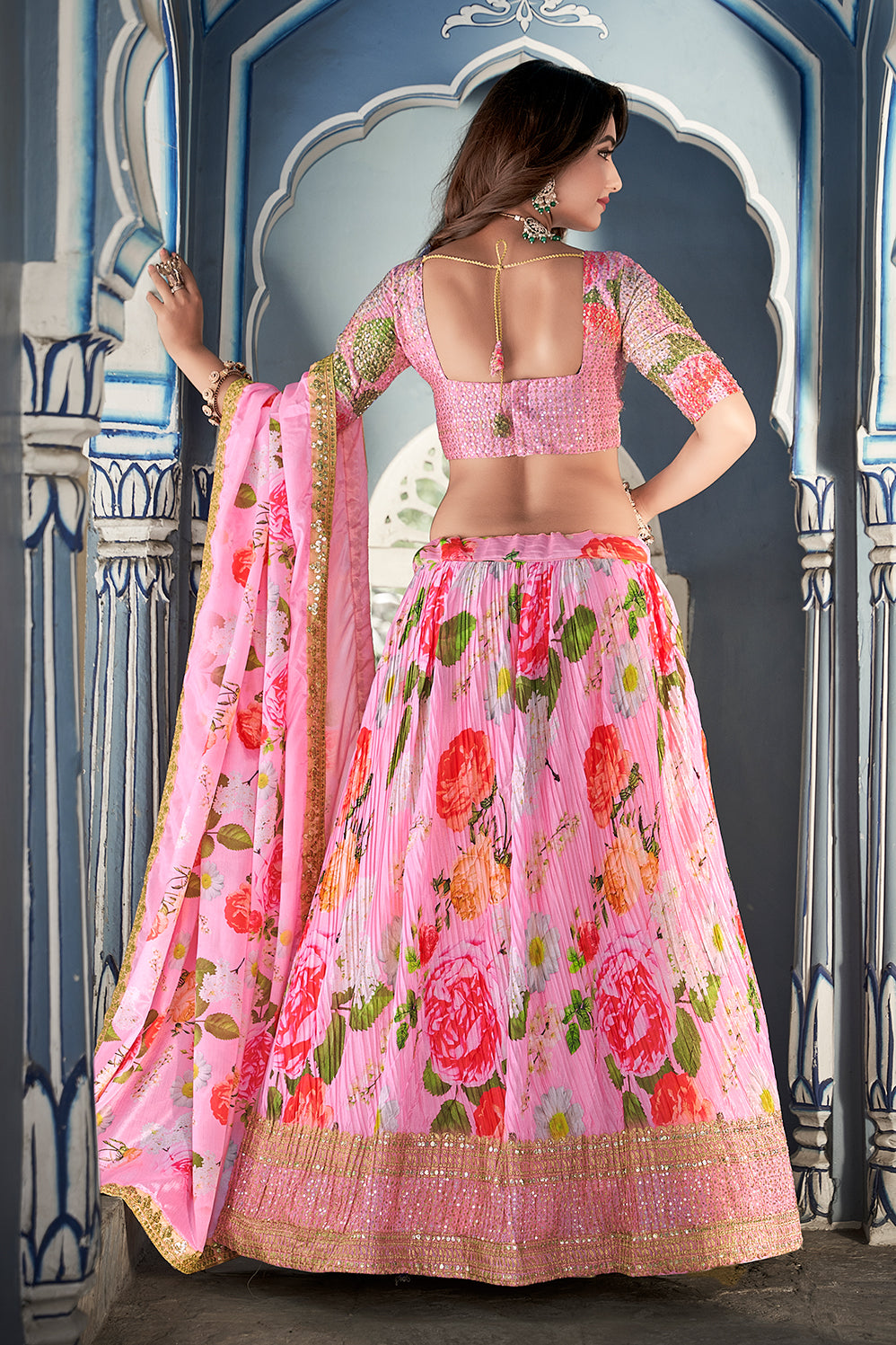 Pretty in Pink Floral Print Pink Lehenga Choli with Therde Sequin Work